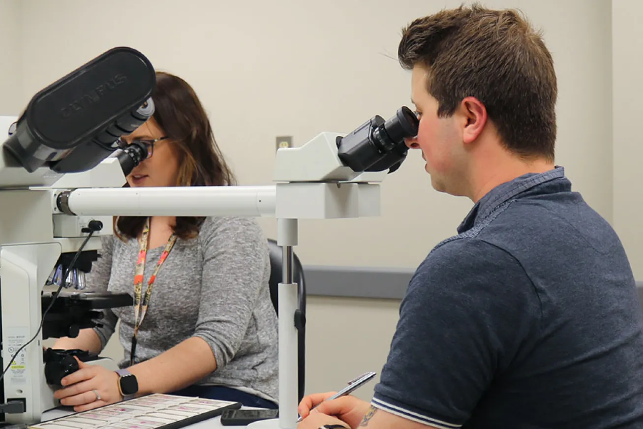Two researchers examine samples through a microscope.