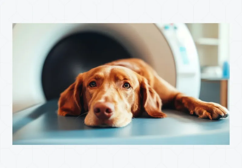 decorative photo of dog laying on CT machine.