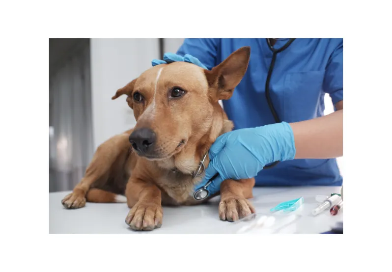 Dog being examined by a veterinary professional. 