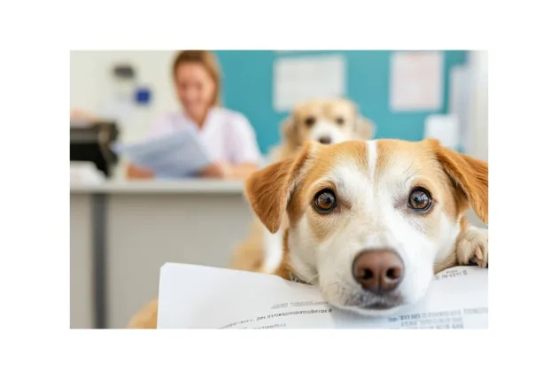 Dog looking over the top of paper documents.